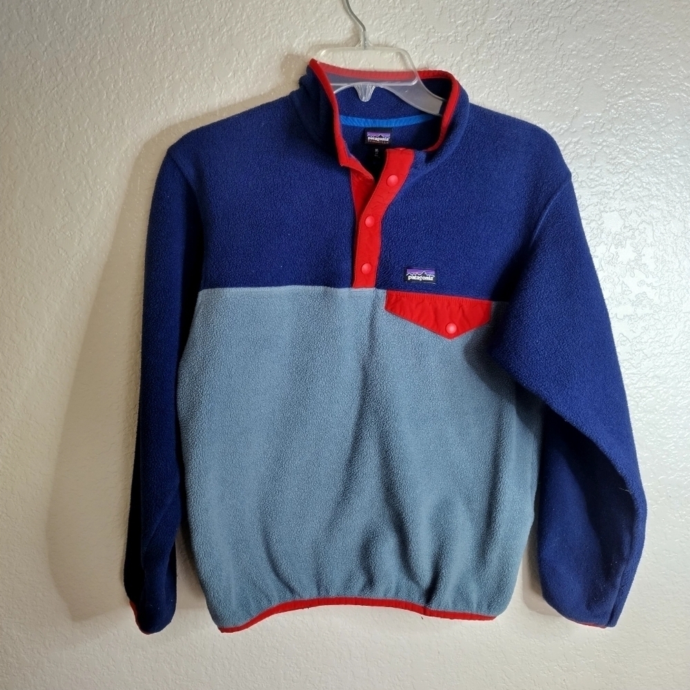 PATAGONIA SYNCHILLA SNAP T FLEECE PULLOVER Red Blue kids sz 14/Xl